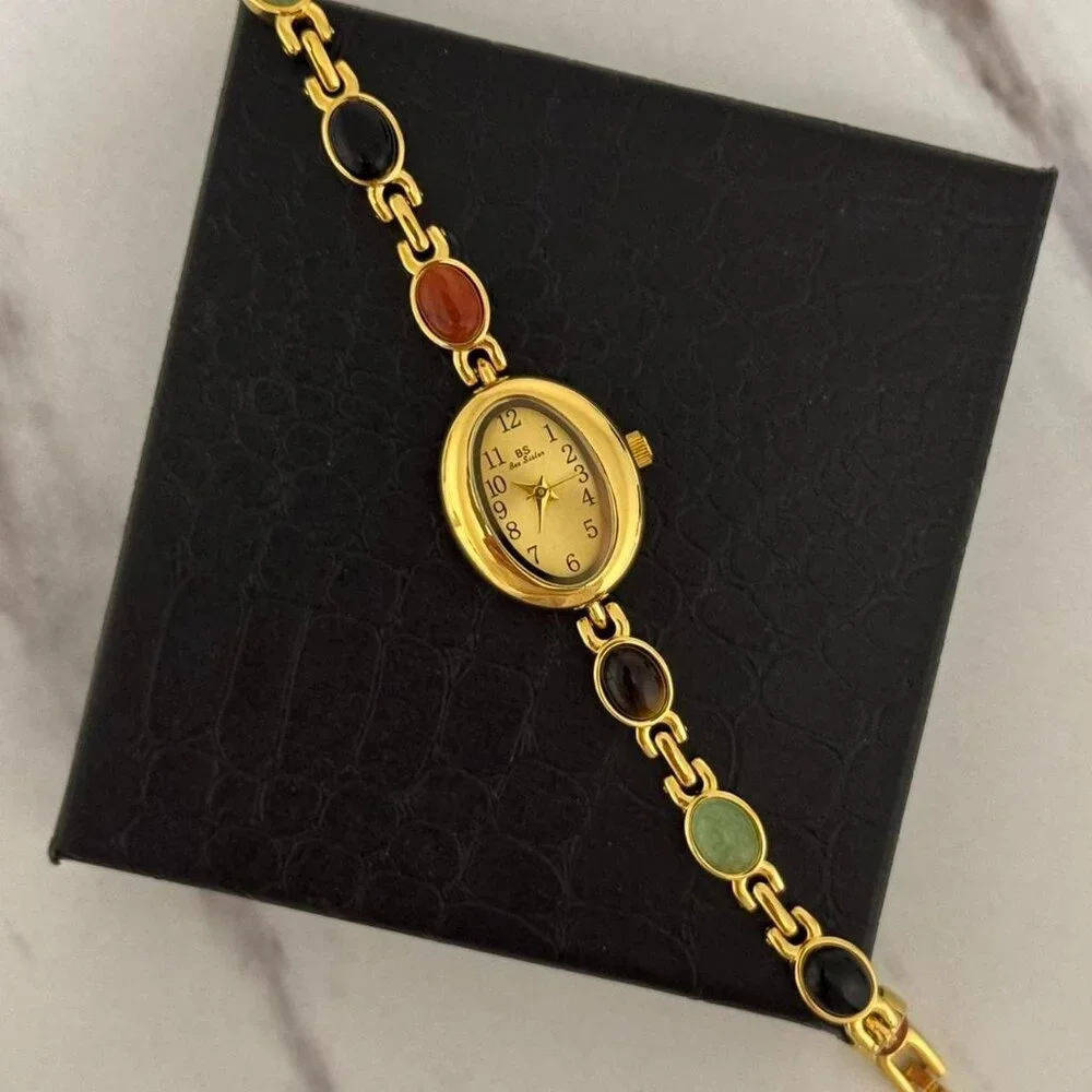 Sku:0463 gold mini‎ watch bracelet with multicoloured natural stones + gift bag